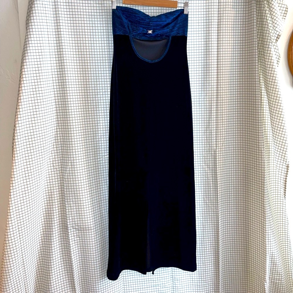 Vintage All That Jazz SML 90s Black Velour Blue Strapless Dress w High Slit💦🔥